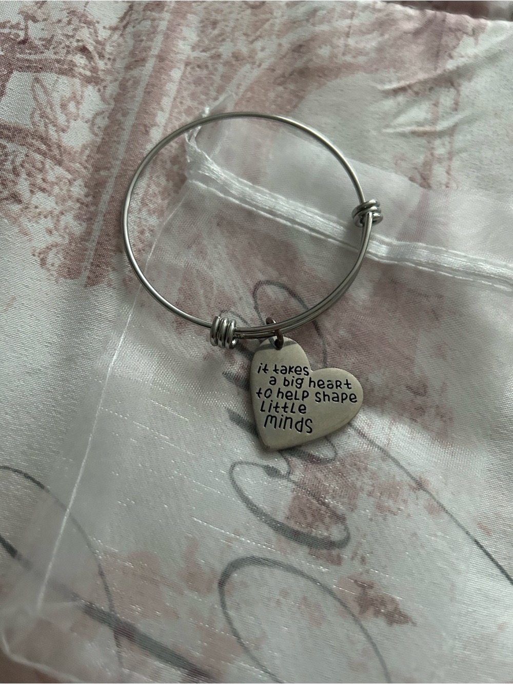 Heart Charm Bangle Bracelet - Silver Tone